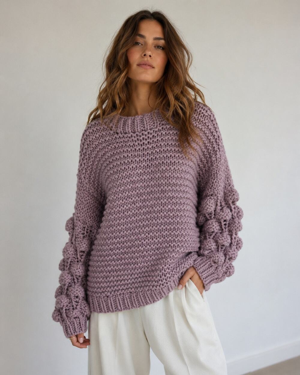 Macaron Womens Bubble Knit Sleeve Sweater Size M Chunky Oversized Purple Boho